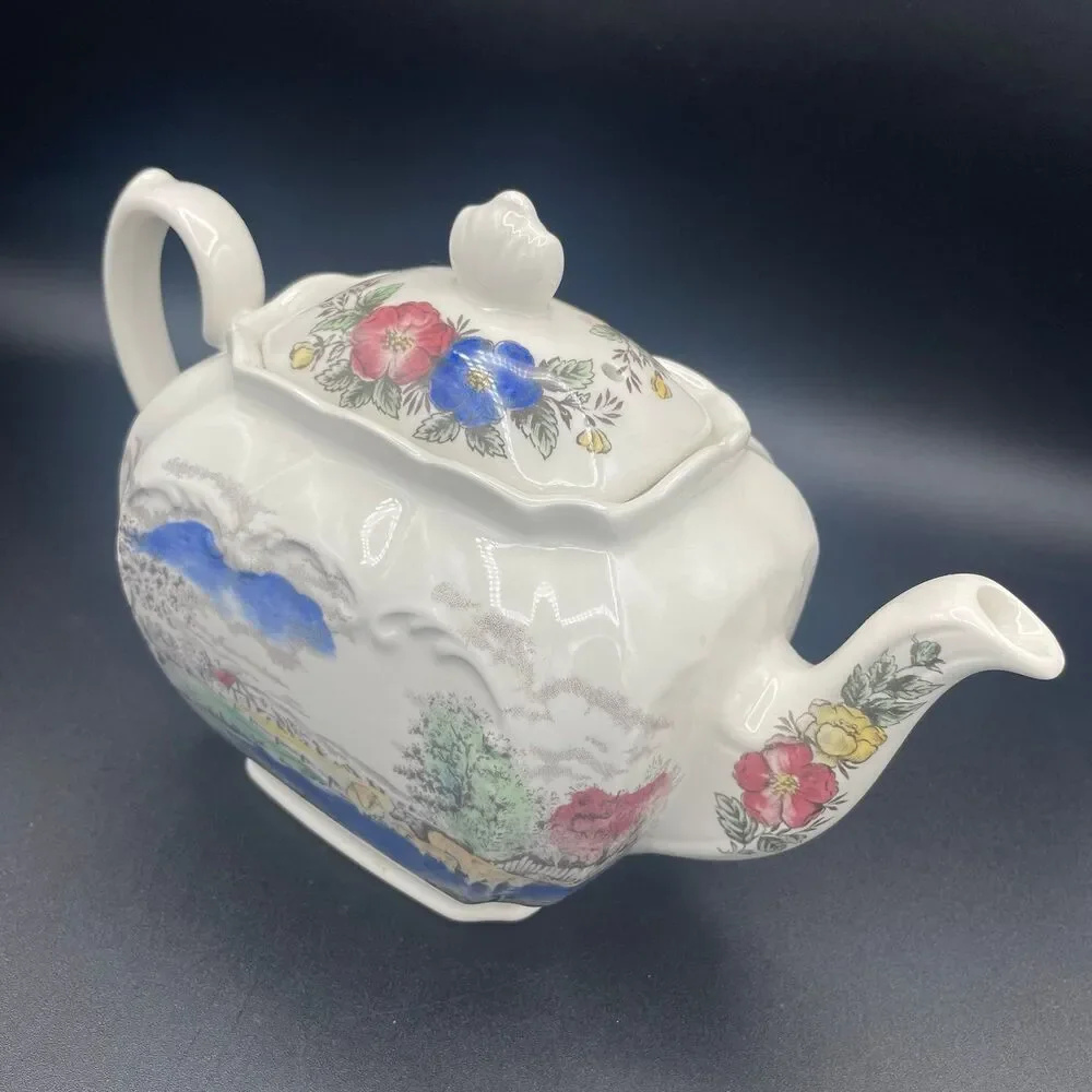 Vintage James Sadler Square Cube Teapot English Country Cottage Garden Scene